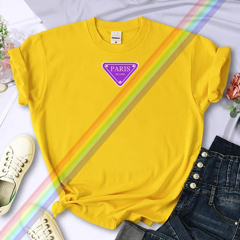 تي شيرت نسائي صيفي عالي الجودة مطبوع عليه باريس من ماركة فاخرة، مصنوع من القطن بنسبة 100%، مقاس كبير، بأكمام شخصية Y2K، ورقبة دائرية