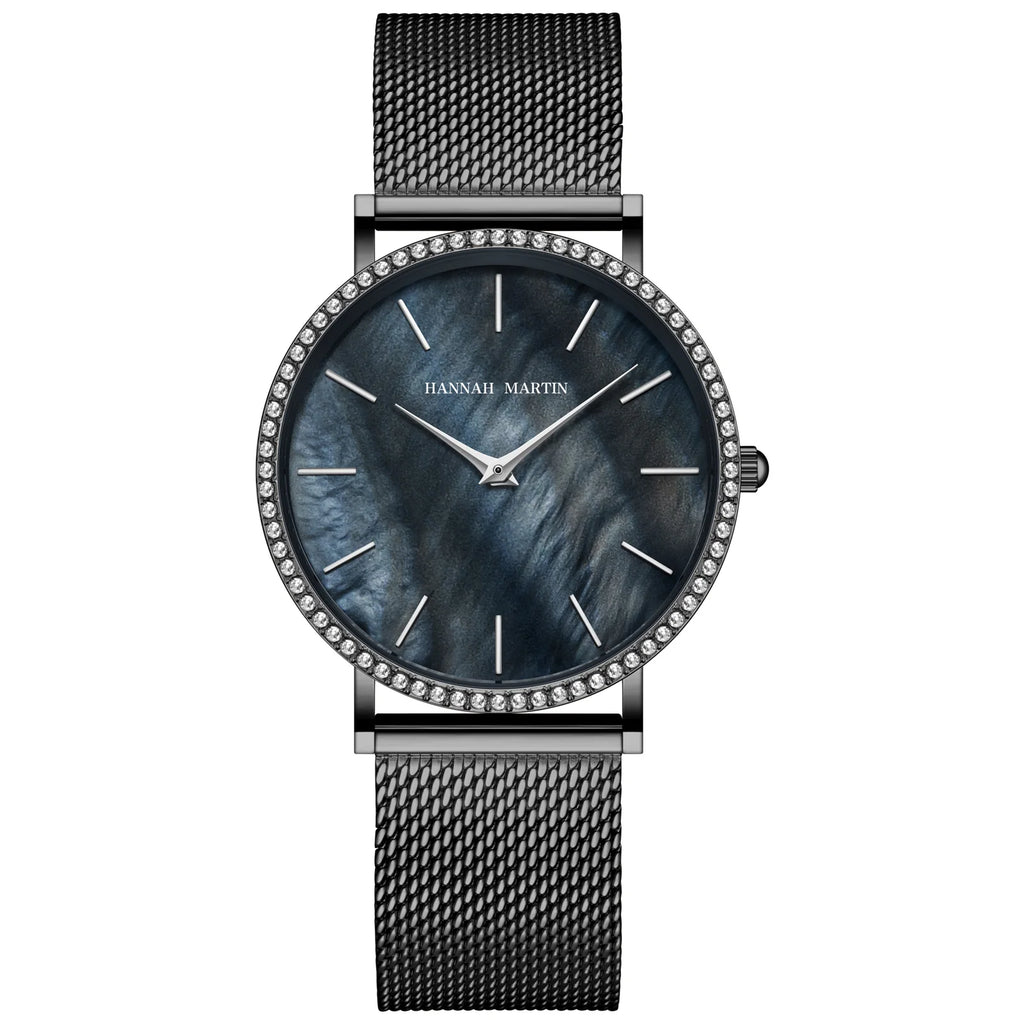 ساعة يد نسائية فاخرة، حركة كوارتز يابانية، مينا من الصدف، مرصعة بأحجار الراين، مصنوعة من الفولاذ المقاوم للصدأ، علبة هدايا أنيقة، مقاومة للماء.