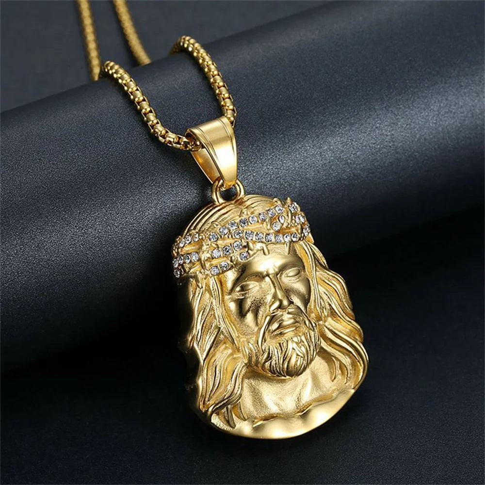 Religious Fashion Christ Jesus Head Pendant Gold Color Stainless Steel CZ Christian Necklace For Men Jewelry Male Gift 2025