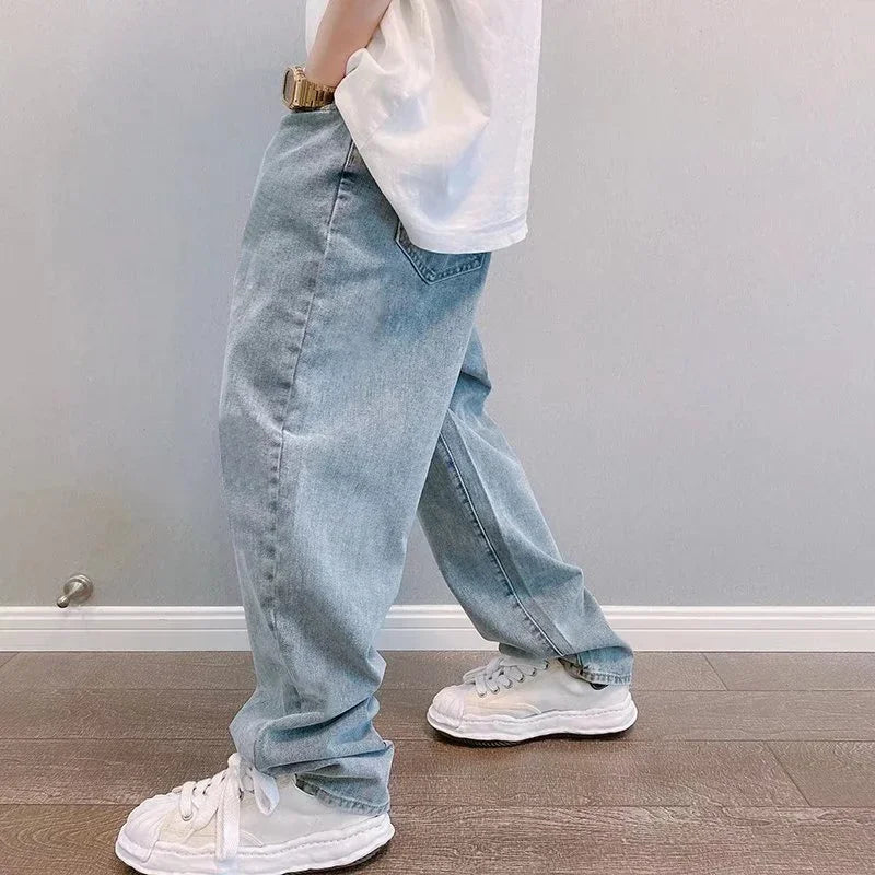 Hip Hop Harajuku Men Baggy Jeans Light Blue Straight Oversize Casual Wide Leg Denim Pants Streetwear Loose Korean Trousers