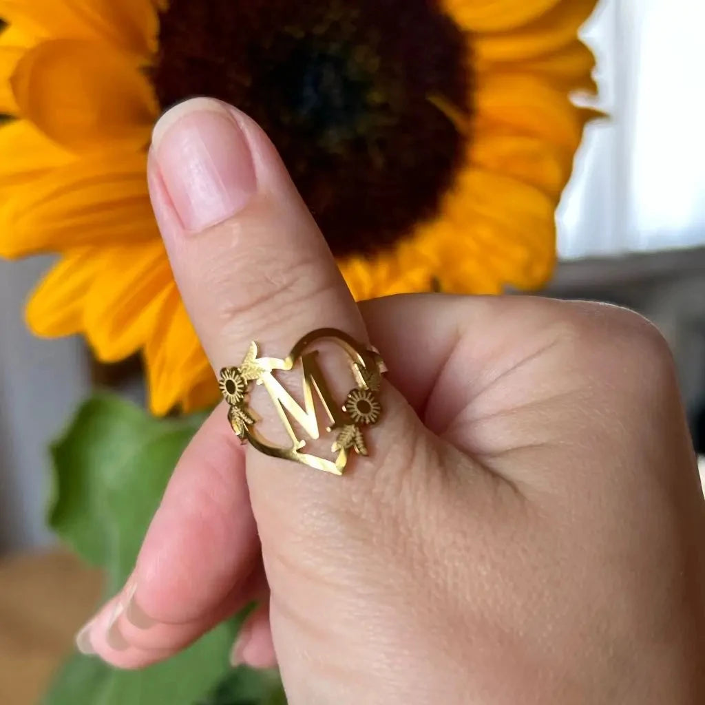 خاتم أحرف AZ، خواتم زوجية على شكل زهرة وقلب للنساء والرجال، خاتم رقيق على شكل حرف وورقة، مجوهرات من الفولاذ المقاوم للصدأ، خواتم أبجدية