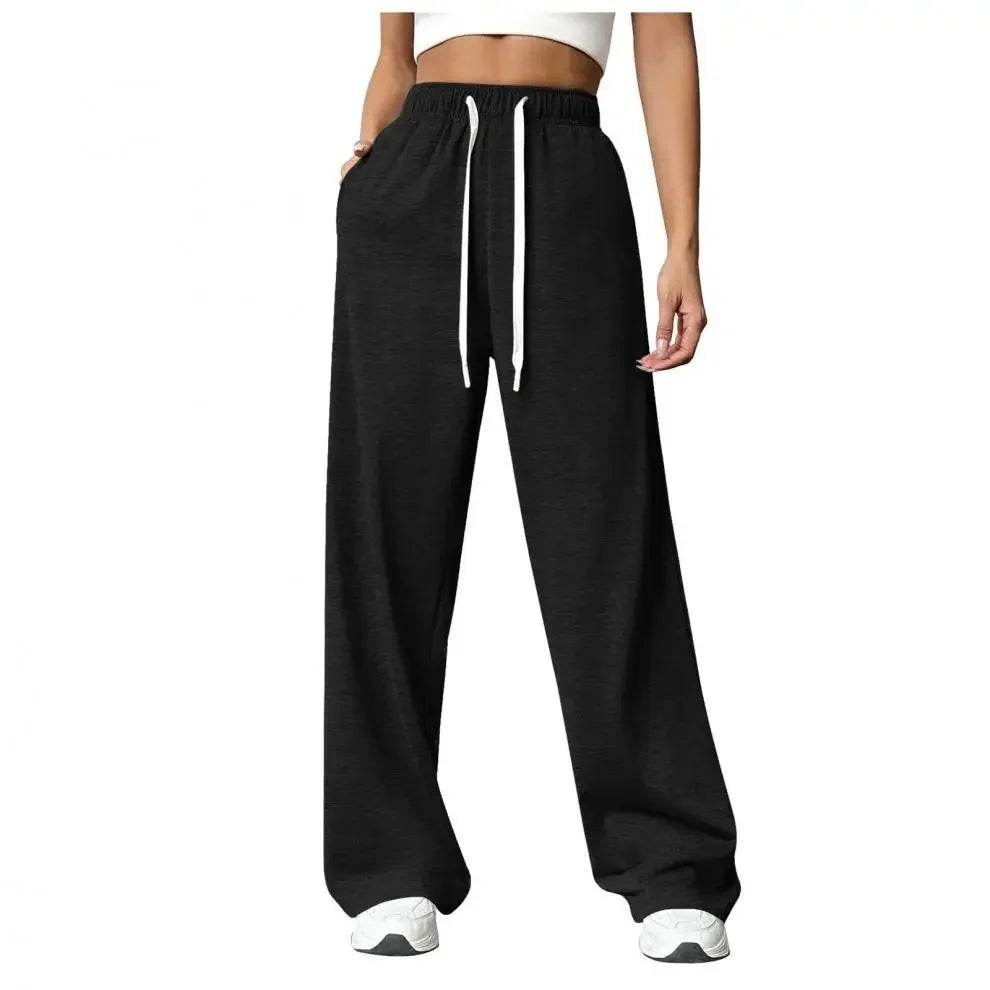 Hot Sale Of The Season New Elastic Waist Pants with Side Pockets Fleece Lined Thick Wide Leg Sweatpants Pure Color Straight Cut