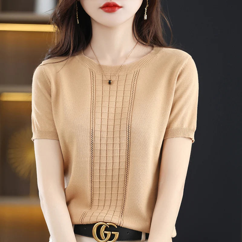 تيشيرت نسائي صيفي جديد، مصنوع من القطن الخالص ١٠٠٪، بياقة دائرية، بأكمام قصيرة، لون موحد، مناسب للإطلالات الكاجوال.