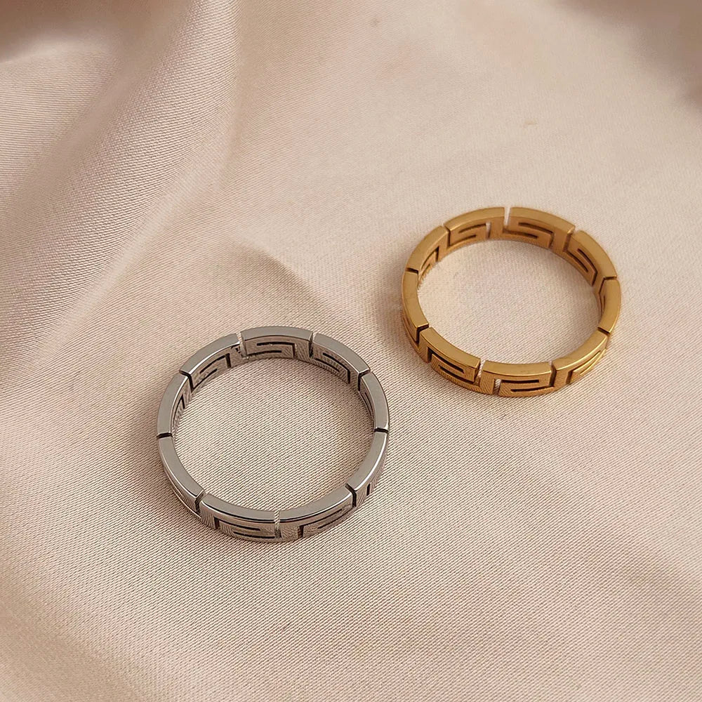 إبداعي - خاتم إصبع من الفولاذ المقاوم للصدأ بنمط مفتاح يوناني، مجوهرات عالية الجودة مقاومة للماء، هدية للأصدقاء