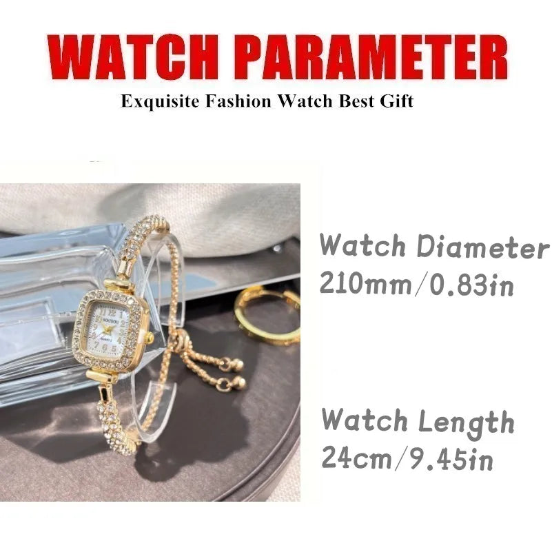 ساعة يد نسائية أنيقة مربعة الشكل، مزودة بمينا مرصع بأحجار الراين وسوار من سبيكة ذهبية اللون - ساعة يد كوارتز قابلة للتعديل للاستخدام اليومي