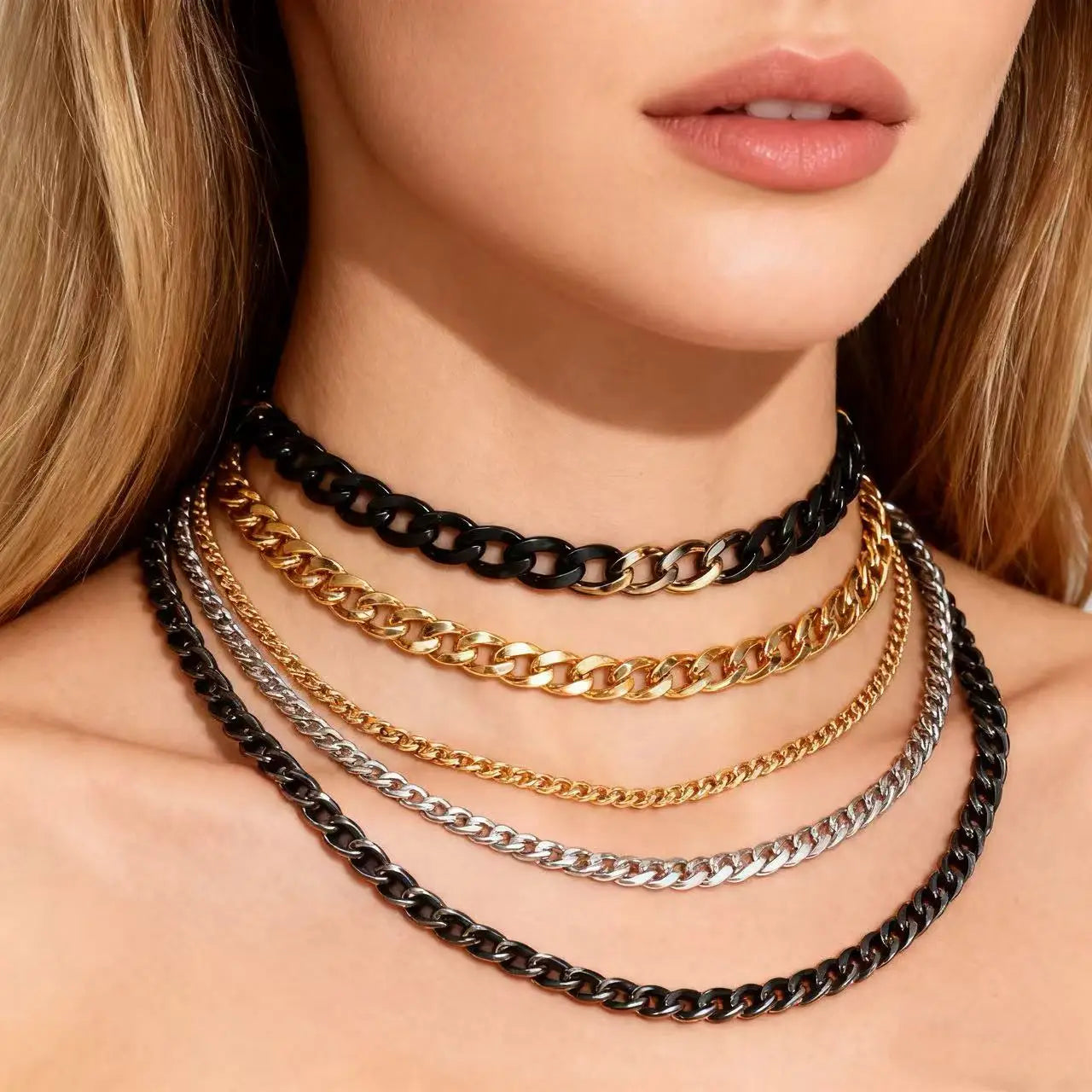 قلادة YQ ​​من الفولاذ المقاوم للصدأ على شكل سلسلة كوبية للرجال، إكسسوار مجوهرات غوث بانك باللون الأسود والذهبي والفضي