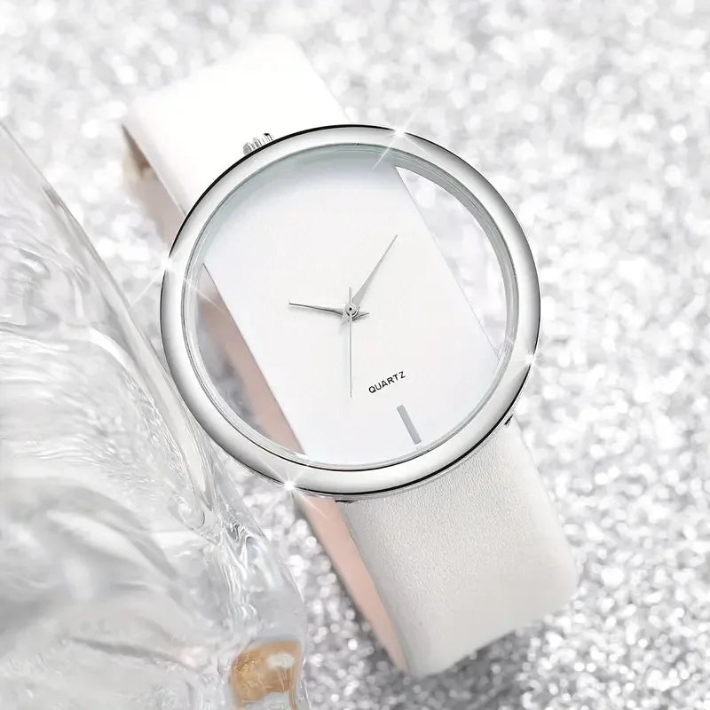 طقم سوار ساعة أنيق مكون من قطعتين، أبيض اللون، بتصميم بسيط، مرصع بأحجار الراين واللؤلؤ، مناسب لساعات الكوارتز النسائية.