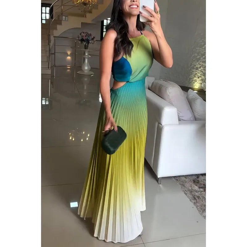 2025 Women Summer Party Dress Elegant Sleeveless Backless Halter Hollow Out Folds Long Dress Ceremoney Birthday Evening Dress