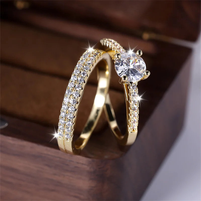 White Zircon Stacking Couple Ring Set 2pcs Female Round Gold Color Bridal Rings For Women Wedding Bands Party Jewelry CZ