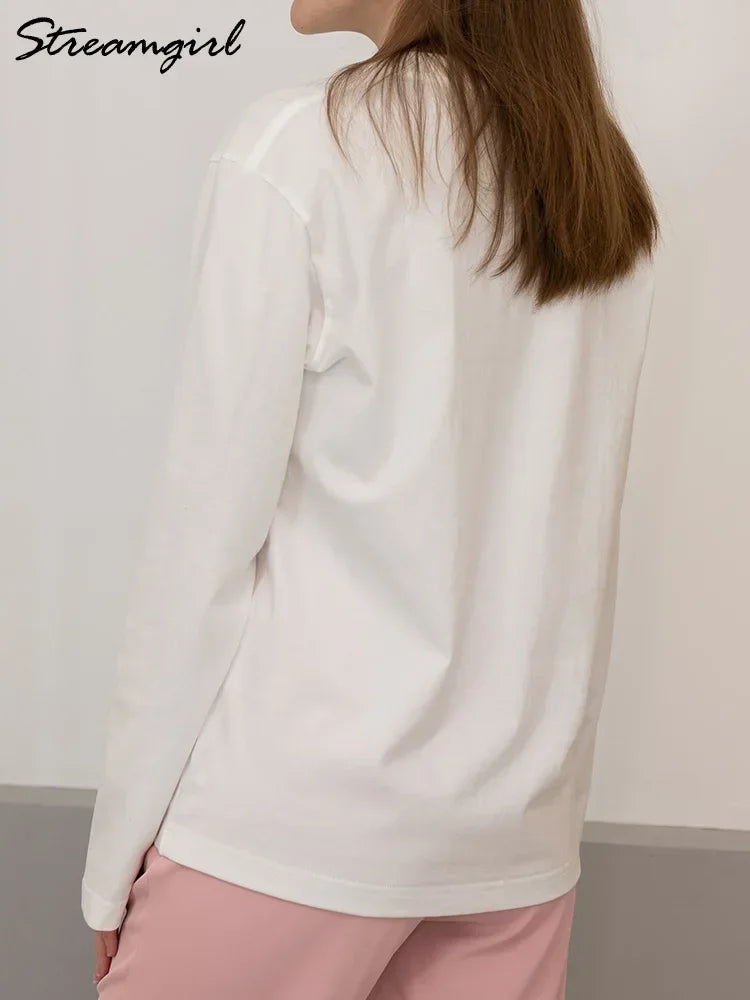 تي شيرت ستريم جيرل بأكمام طويلة للنساء مصنوع من القطن بنسبة 100%، تي شيرتات أساسية سادة برقبة دائرية، تي شيرتات فضفاضة كاجوال، تي شيرتات بيضاء للسيدات 2024