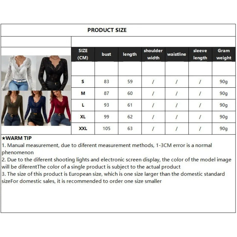Women Sexy Base Layer Shirt Solid Black Sheer Lace Top Slim Flower Scallop Trim V Neck Long Sleeve T-shirt Trendy Tight Lace Top