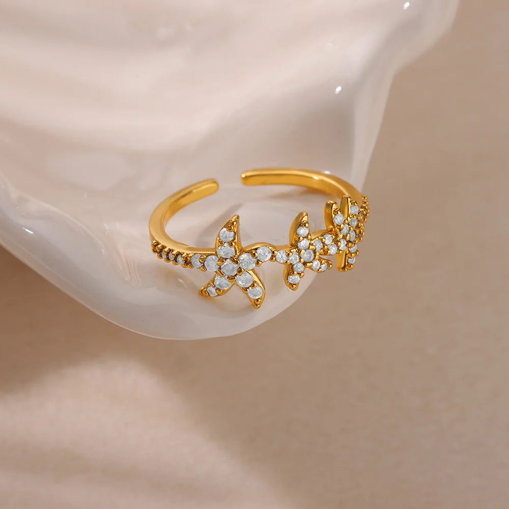 خواتم مفتوحة على شكل صدفة نجم البحر للنساء، لون ذهبي، مصنوعة من الفولاذ المقاوم للصدأ، مناسبة لفصل الصيف، مثالية للشاطئ، مقاومة للماء، هدية مثالية.