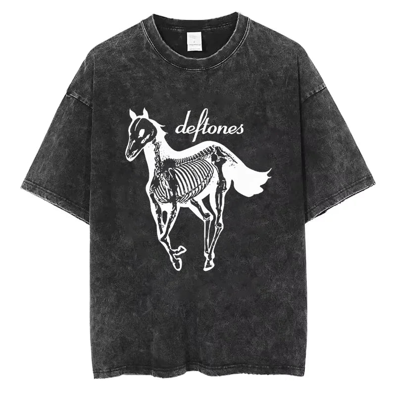 تي شيرت Ohms White Pony Deftones Rock Band للرجال والنساء تي شيرت عتيق مغسول Harajuku Gothic صيفي غير رسمي ملابس الشارع توب هيب هوب Y2K