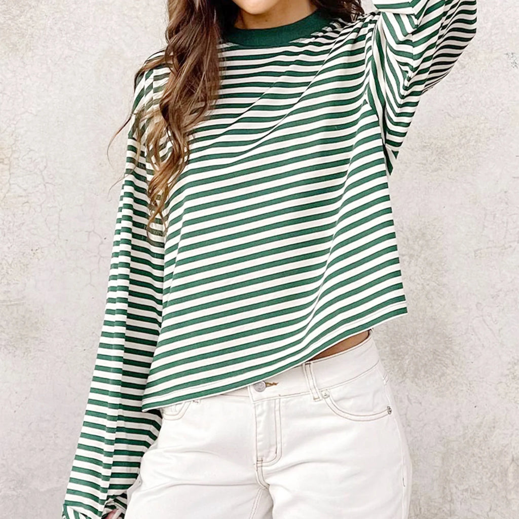 تيشيرت نسائي كلاسيكي بأكمام طويلة ورقبة دائرية، فضفاض، مناسب لفصل الخريف، بتصميم مخطط، قطعة ملابس عصرية.