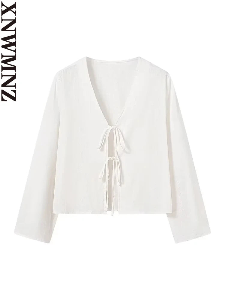 قميص نسائي أنيق من XNWMNZ 2024 برباط على شكل حرف V بأكمام طويلة وفتحة رقبة على شكل حرف V، بلوزة نسائية أنيقة متعددة الاستخدامات