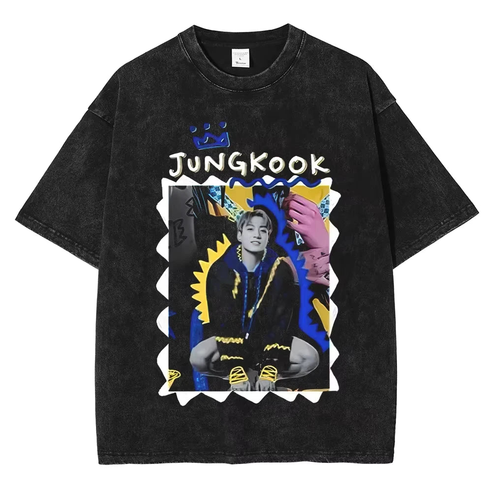 تي شيرت رجالي ونسائي بأكمام قصيرة بتصميم قوطي من Streetwear Golden Moments Jungkooks Hip Hop Washed Vintage T-Shirt مقاس كبير بأكمام قصيرة من القطن للجنسين
