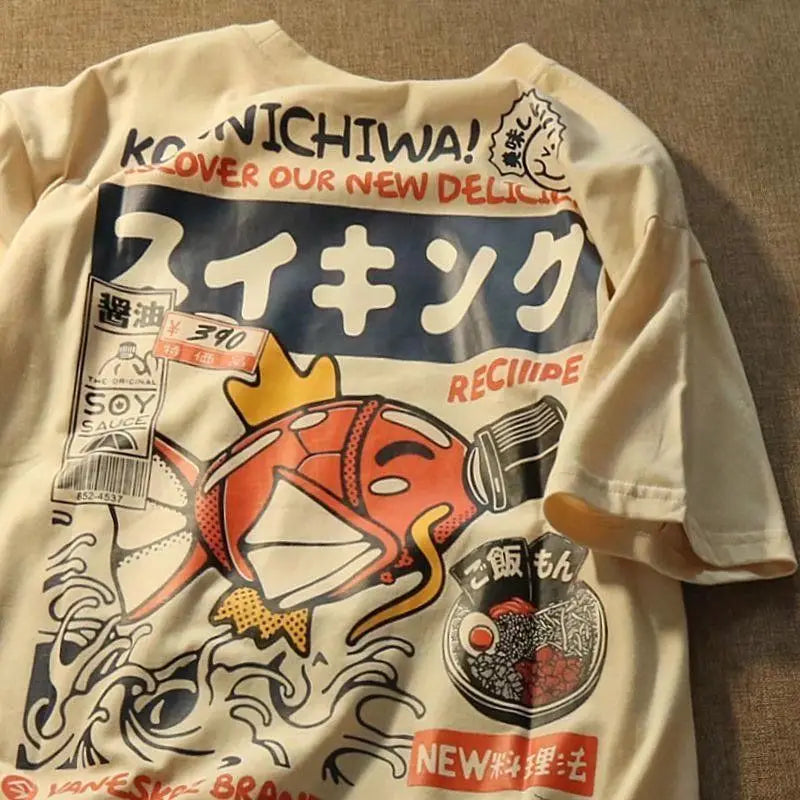 تيشيرت هاراجوكو Y2k بأكمام قصيرة، بتصميم سمكة الكارب اليابانية، تيشيرت رياضي رجالي واسع، مصنوع من القطن عالي الجودة، ملابس فضفاضة للجنسين