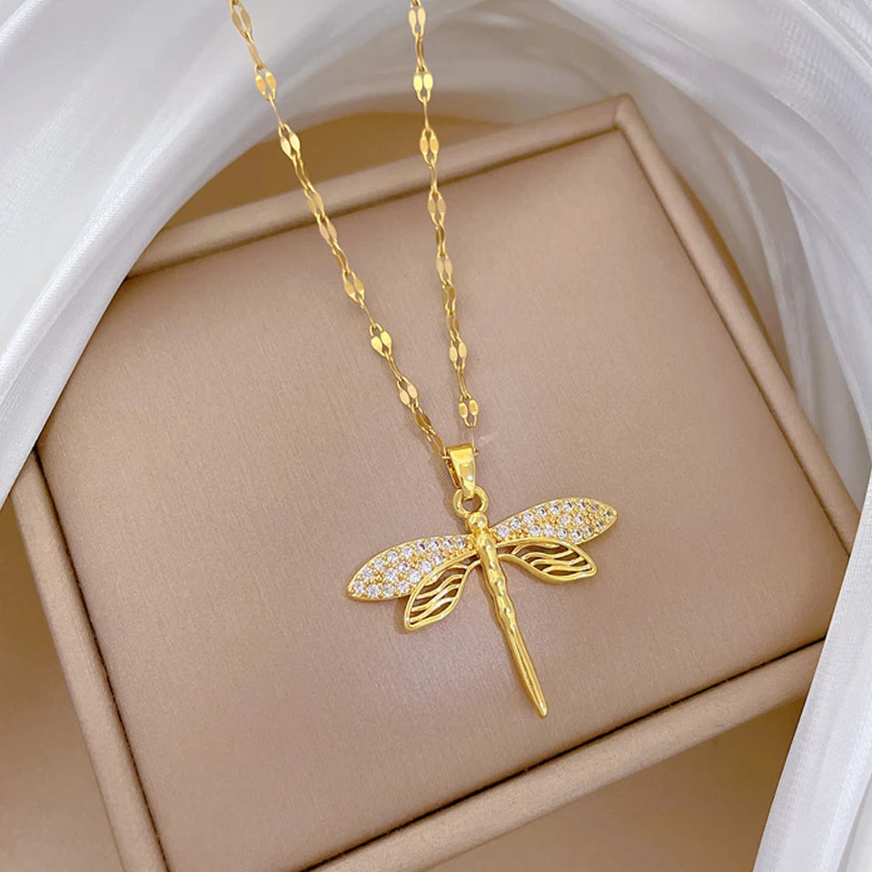 ZAKOL Classic Gold Color Stainless Steel Necklace For Women Shiny Zircon Geometric Heart Pendant Necklaces Jewelry Gift