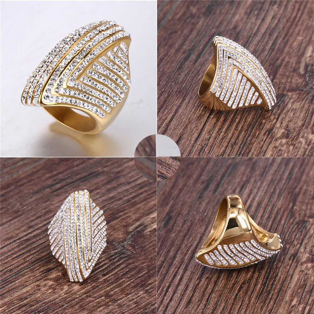 Hip Hop Iced Out Bling Big Oval Ring Female Gold Color Stainless Steel Cocktail Rings For Women Party Jewelry High Quality