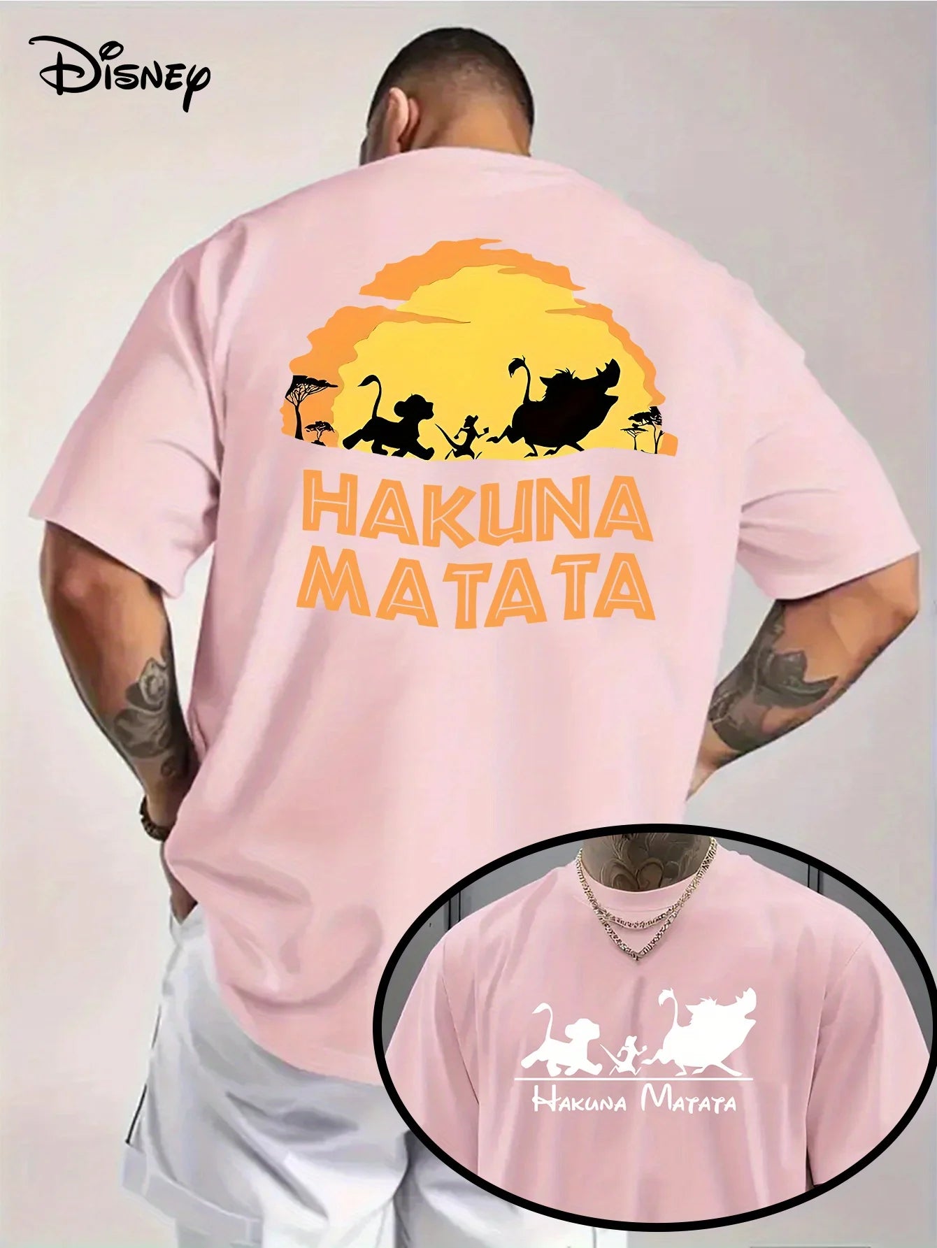 تيشيرت رجالي من ديزني بتصميم هاكونا ماتاتا، مصنوع من القطن، بأكمام قصيرة، مقاس كبير وفضفاض، مناسب للجنسين، مثالي للعطلات العائلية