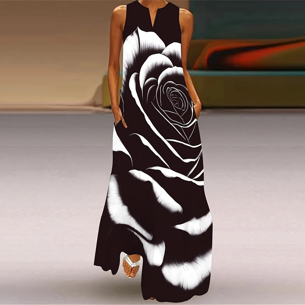 Women'S Elegant Dress Fashion Floral Print Sleeveless Dress Hawaii Vacation Casual Dress Women'S Plus Size V-Neck Pocket Dress