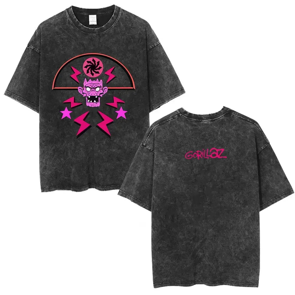 تي شيرت رجالي مطبوع عليه صورة فرقة روك كلاسيكية مغسولة من Gorillaz The Now Now، تي شيرت رجالي بتصميم قوطي بانك عتيق، فضفاض للجنسين