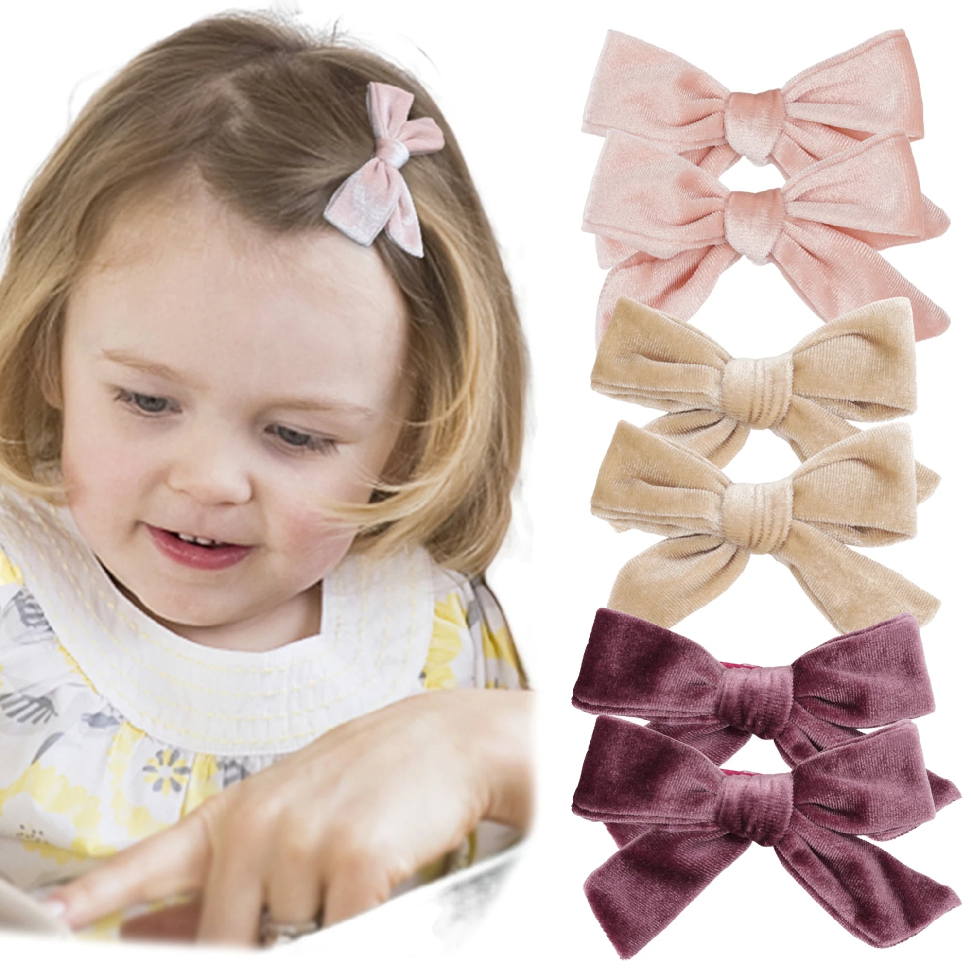 ٦ قطع/٣ أزواج من مشابك شعر مخملية على شكل فيونكات شعر للبنات الصغيرات، فيونكات شعر معدنية ٤ بوصة، مشابك شعر، إكسسوارات شعر للبنات الصغيرات