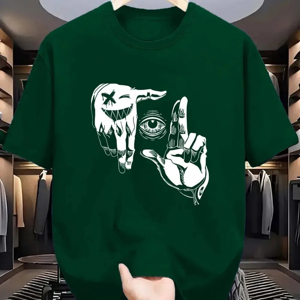 تيشيرت رجالي صيفي 2025 مصنوع من البوليستر، مريح، يسمح بمرور الهواء، برقبة دائرية، مزين بنقشة عين شخصية مطبوعة، مناسب للأنشطة الخارجية