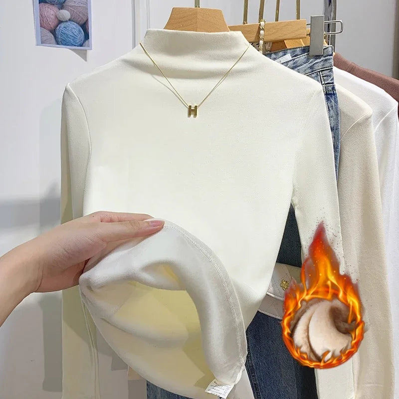 تي شيرتات نسائية كورية بأكمام طويلة وياقة مدورة موديل 2025، تي شيرتات كورية بسيطة بطبقة أساسية، تي شيرتات خريف وشتاء كاجوال، تي شيرتات دافئة من الصوف المخملي الأساسي النحيف