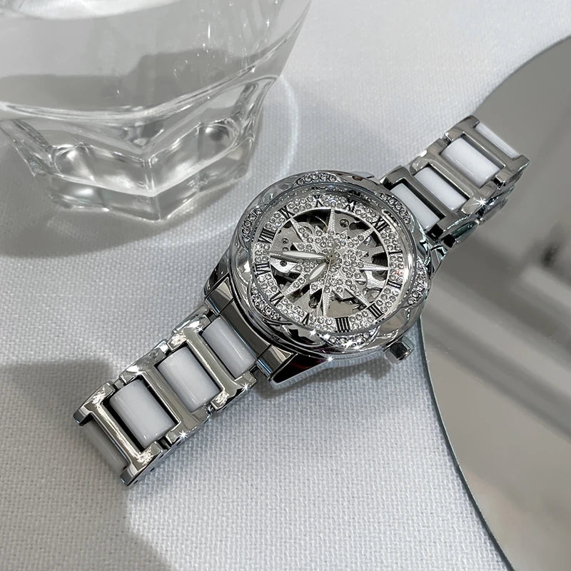 ساعة ميكانيكية عباد الشمس للنساء عالية الجودة خفيفة فاخرة ساعة فنية حمراء للنساء ساعة ميكانيكية