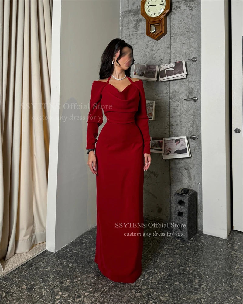 SSYTENS Elegant Red Long Sleeves Evening Dresses Off Shoulder Halter Neck Party Dress for Women Saudi Formal Gowns Customized