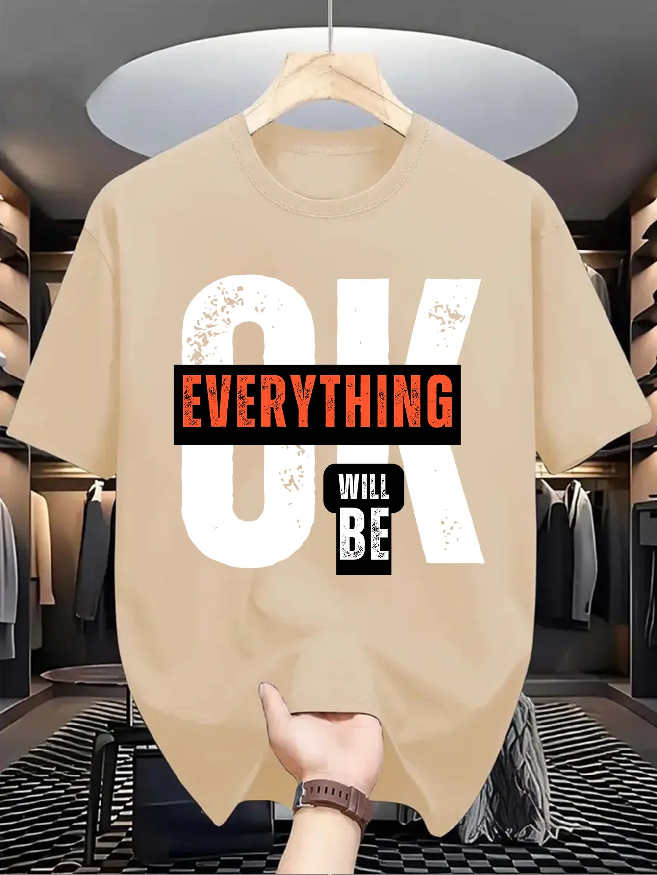 تيشيرت رجالي صيفي عصري فضفاض كلاسيكي مطبوع عليه نقشة "مباركة" مصنوع من القطن بنسبة 100%، بياقة دائرية وأكمام قصيرة.