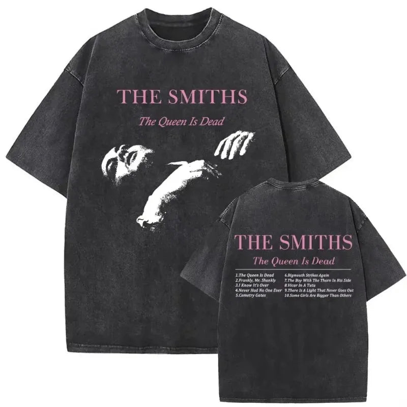 تي شيرت رجالي ونسائي مطبوع عليه شعار فرقة الروك البريطانية The Smiths The Queen Is Dead، تي شيرت بديل من فرقة موريسي المستقلة من ثمانينيات القرن العشرين