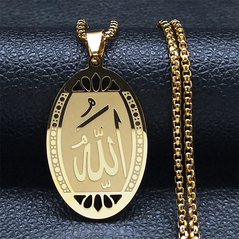 Muslim Islamic Quran Allah Stainless Steel Statement Necklace for Men Gold Color Chain Necklace Jewelry collier homme N1208S02