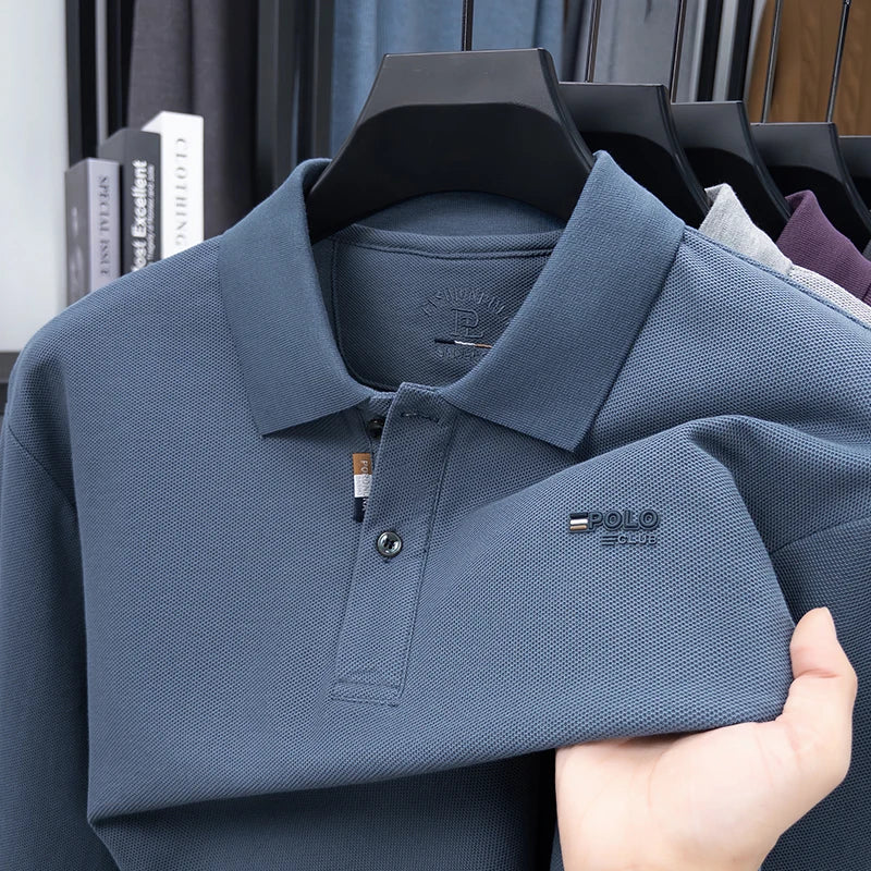 قميص بولو رجالي فاخر عالي الجودة مصنوع من القطن بنسبة 100%، بأكمام طويلة، مطرز بحرف على ظهر السلحفاة، مناسب لفصل الخريف، مناسب لرجال الأعمال