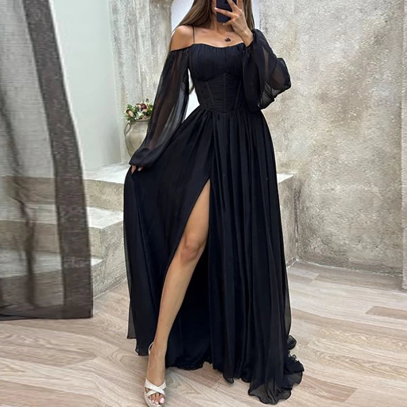 Elegant V-neck Long Sleeve Robe Long Dress Women Fashion Hight Waist Solid Party Dress Sexy Split Chiffon Pleated Gowns Dresses