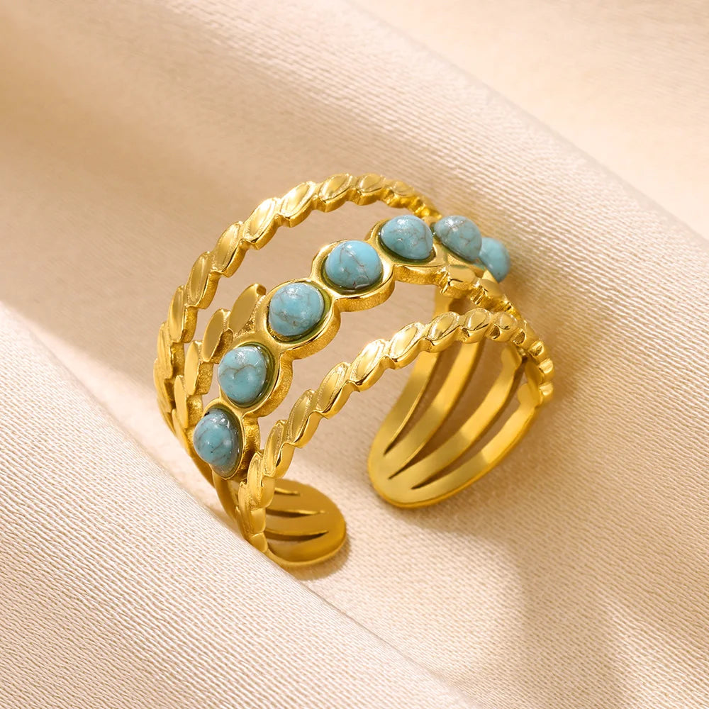 خاتم بوهيمي أزرق من حجر طبيعي للنساء والرجال، خاتم من الفولاذ المقاوم للصدأ مطلي بالذهب، تصميم مجوف قابل للتعديل، هدية مجوهرات