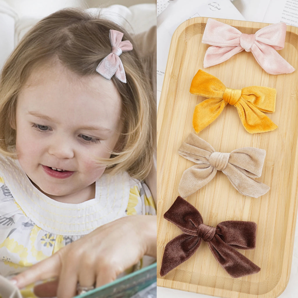 ٦ قطع/٣ أزواج من مشابك شعر مخملية على شكل فيونكات شعر للبنات الصغيرات، فيونكات شعر معدنية ٤ بوصة، مشابك شعر، إكسسوارات شعر للبنات الصغيرات