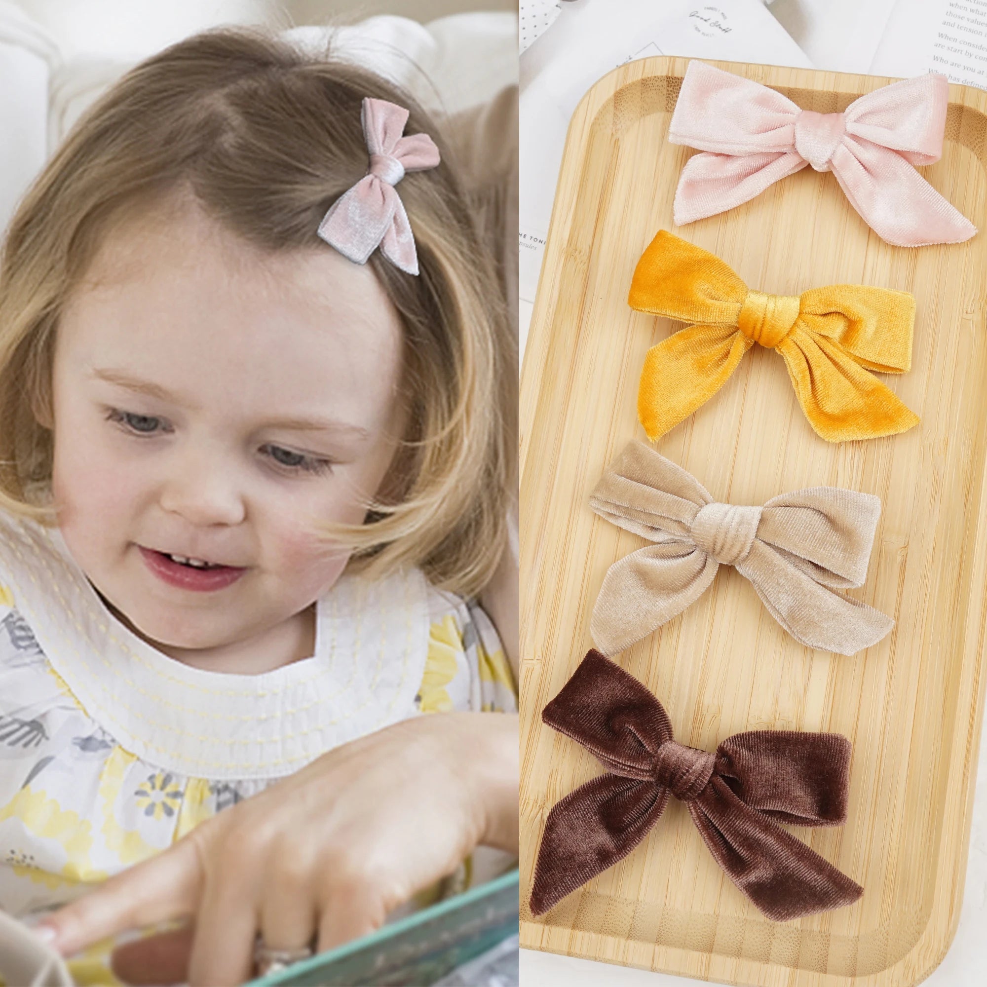 ٦ قطع/٣ أزواج من مشابك شعر مخملية على شكل فيونكات شعر للبنات الصغيرات، فيونكات شعر معدنية ٤ بوصة، مشابك شعر، إكسسوارات شعر للبنات الصغيرات