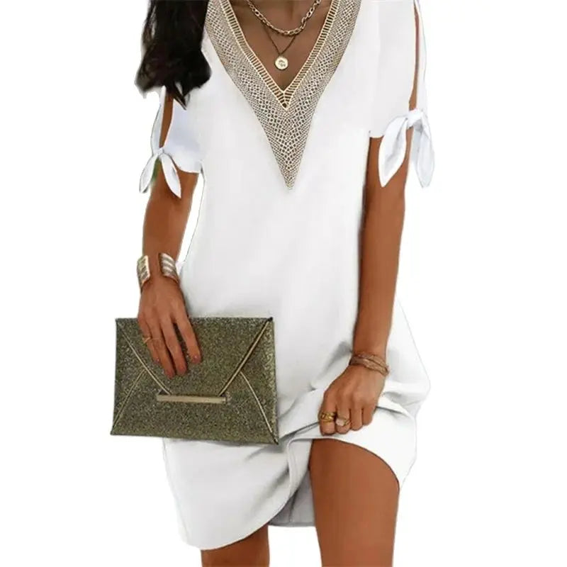 Women New Bow Tie Short Sleeve Dresses Elegant Lace V Neck Pullover Dress Comfortable Casual Commuter Female Solid Color Gown 24