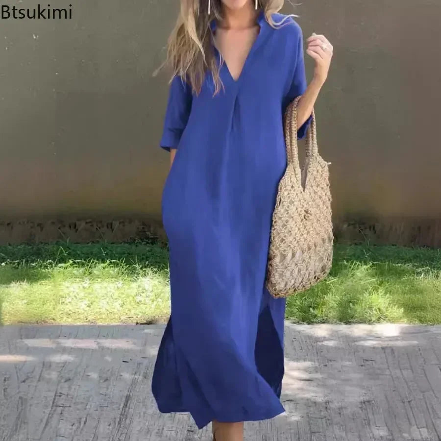 Women's Fashion V-neck Half Sleeve Solid Long Dress Summer Side Slit Design Elegant Vintage Cotton Linen Maxi Dresses for Women
