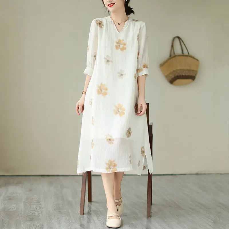 Elegant V-Neck Spliced Pockets Printed Vintage Dress Women's Clothing 2025 Summer New Loose Commuter Ladies Dresses
