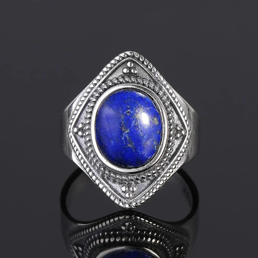 خاتم فضة عيار 925 مرصع بحجر اللازورد الطبيعي الكبير بيضاوي الشكل، مناسب للنساء والرجال، هدية مميزة، خاتم عتيق كبير الحجم، مجوهرات فاخرة بالجملة