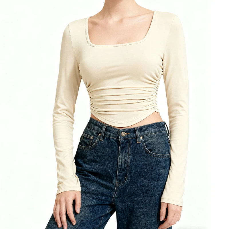 مجموعة من 3 قطع من قمصان الخريف والشتاء النسائية بأكمام طويلة وقمصان قصيرة موضة خريف 2025، رقبة مربعة، ملابس أساسية للخروج، تيشيرتات مناسبة لفصل الربيع والصيف