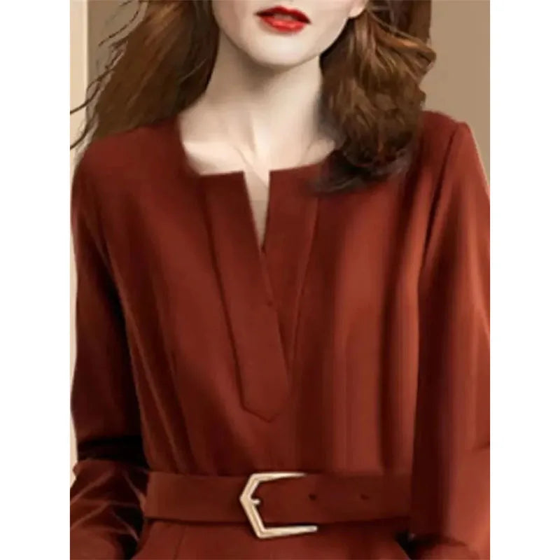 Ladies Fashion New V-neck Lace Up Vestidos Women Solid Color Maxi Dress Spring Autumn Female Elegant Belt Long Dresses  ﻿