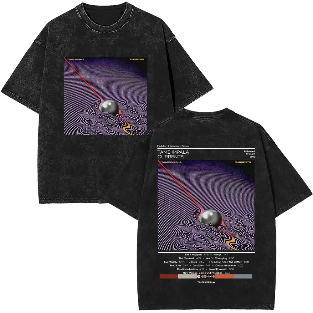 تي شيرت رجالي كاجوال فضفاض بأكمام قصيرة من القطن مطبوع عليه عبارة VintageWashed Pop Rock Band Tames Impala Current Graphic Print