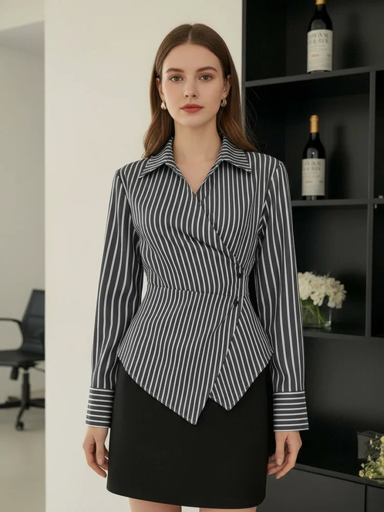 تيشيرت نسائي مخطط بأكمام طويلة من بونبوهو، تصميم جديد لخريف 2025، بياقة على شكل حرف V متقاطعة وقصة ضيقة، بلوزة أنيقة مناسبة للعمل اليومي للسيدات