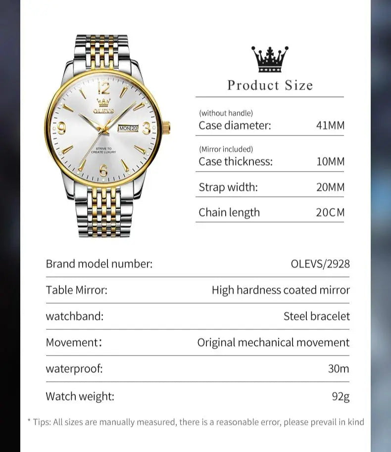 ساعة OLEVS 2928 للرجال بسيطة كوارتز رسمية للرجال مقياس الأرقام مقاوم للماء من الفولاذ المقاوم للصدأ عرض الأسبوع والتاريخ ساعة يد للرجال