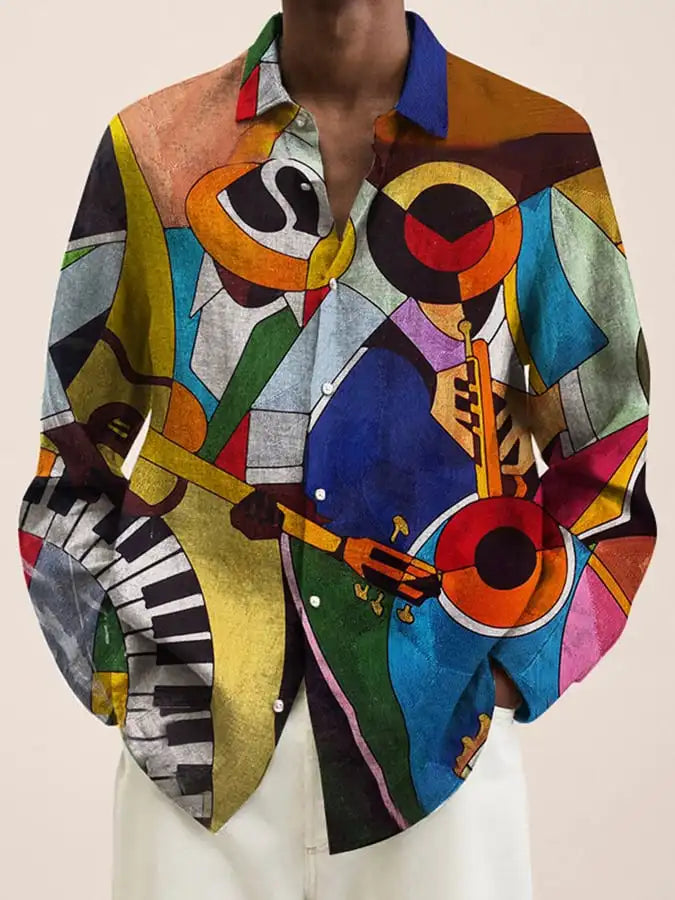 قميص رجالي جديد لعام 2024، مطبوع عليه رسومات فنية ثلاثية الأبعاد، بصف أزرار واحد وأكمام طويلة، قميص كاجوال بياقة فضفاضة وأكمام طويلة