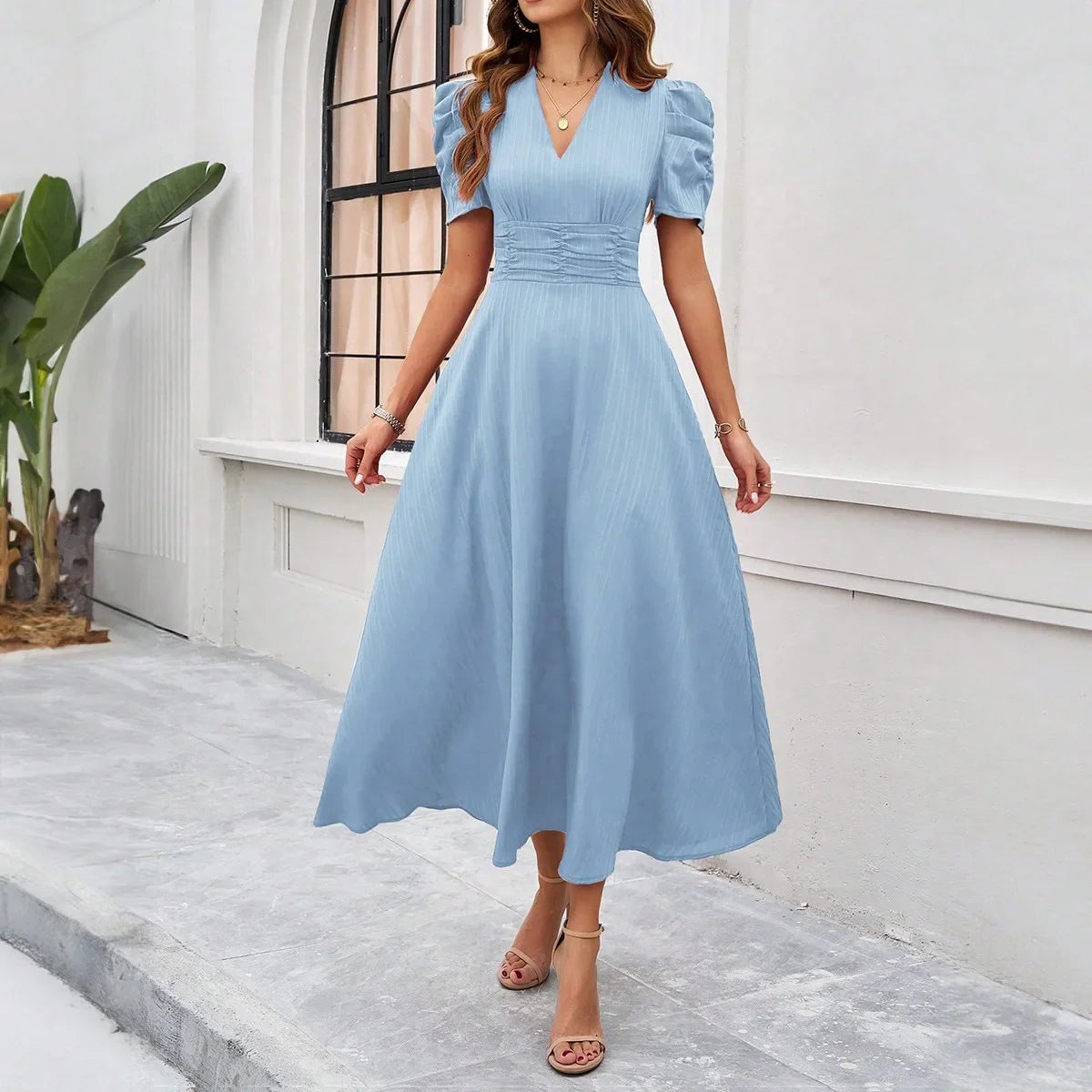 Solid Color Casual Slim Long Dresses For Women Fashion Summer Women's Puff Sleeve A Line Midi Dress Elegant Vintage Female Dress